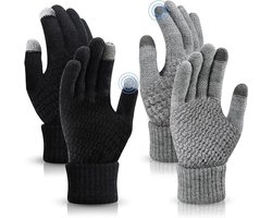 Set van 2 gebreide winterhandschoenen, warme handschoenen voor stellen, touchscreenbediening, dunne fleecevoering, handschoenen met volledige vingers, geschikt voor binnen, vrije tijd, werk of buitengebruik (grijs, zwart)