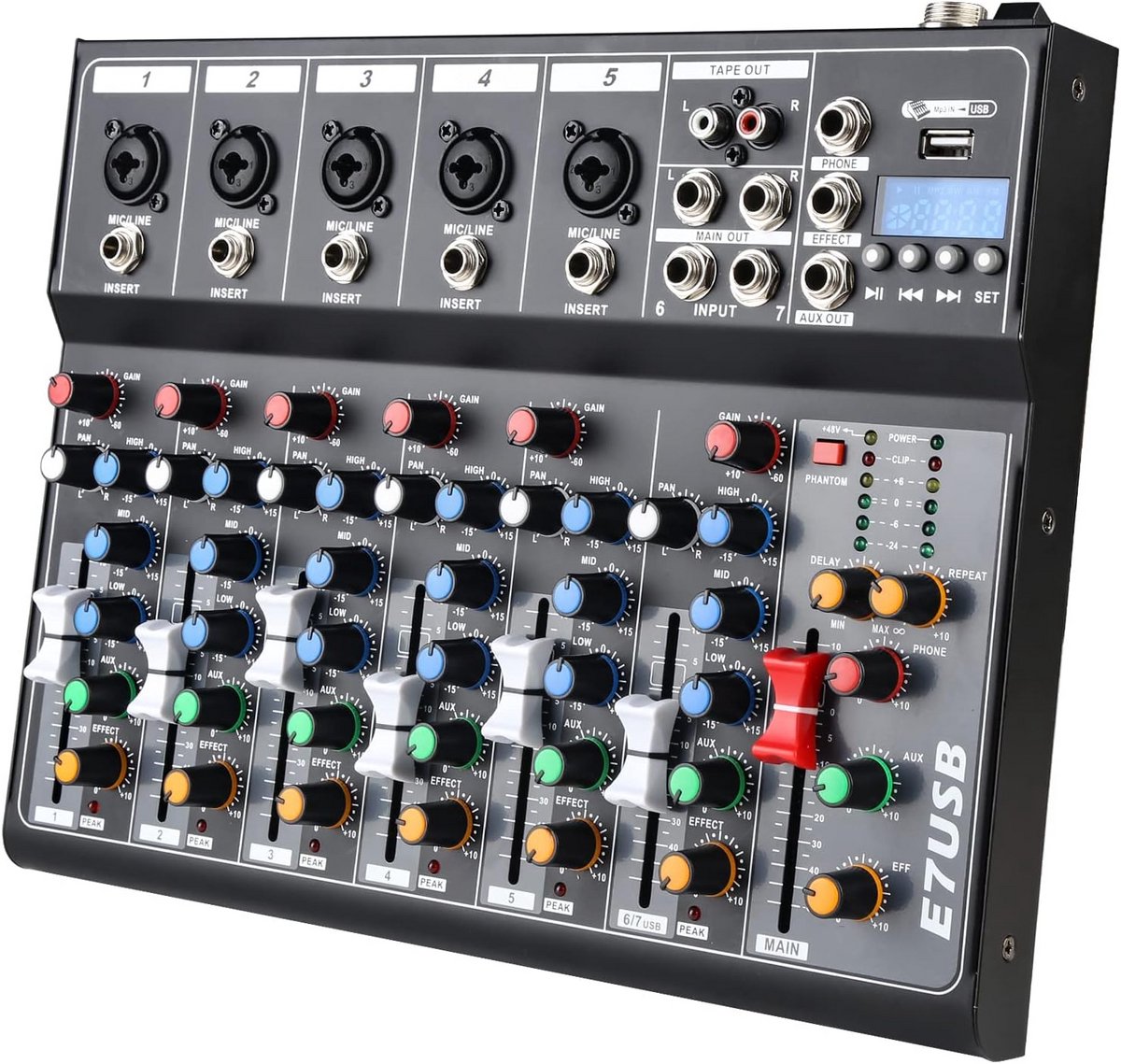 Professionele 7-Kanaals Audio Mixer USB Bluetooth Studio Streaming Met 48V Fantoomvoeding