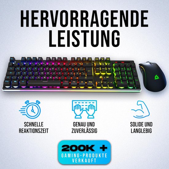 Zwarte gamingtoetsenbord en muis met een RGB-verlichte rand, naast iconen die snelle reactietijd en betrouwbaarheid aangeven.