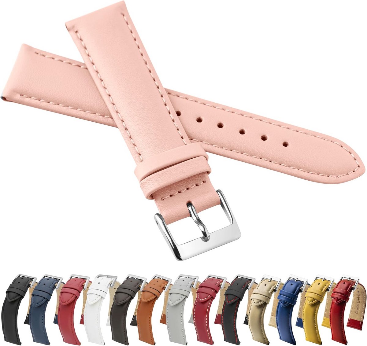 Horlogeband Echt Leer Glad Roze met Zilveren Gesp - Diverse Maten