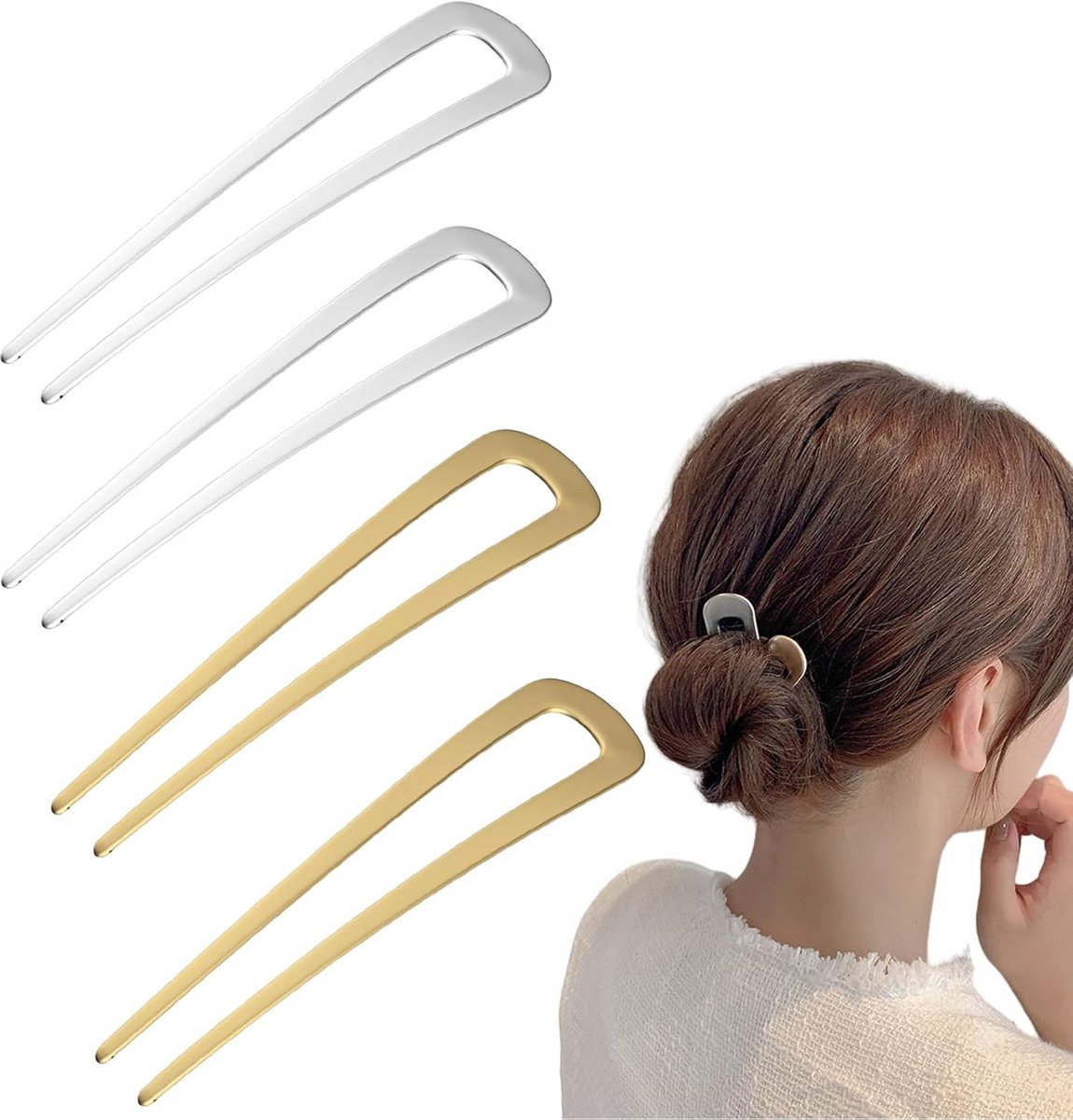 Set van 4 Metalen Haarspelden met U-Vorm voor Elegante Kapsels