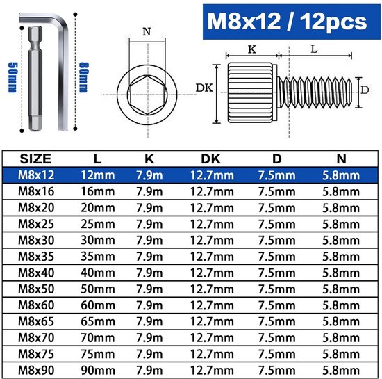 12x Cilinderkopbouten RVS A2 DIN 912 M8 x 12 mm - Inbus Schroeven ...
