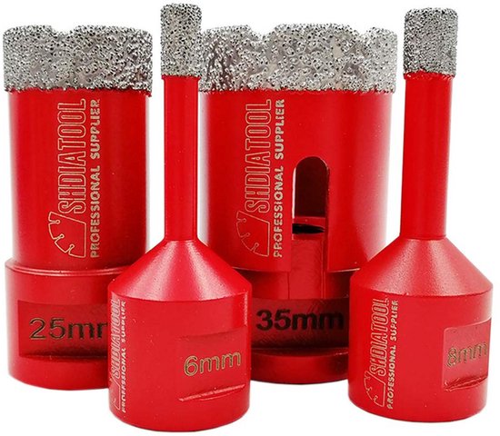 Vier rode boren, waarvan de twee grootste een diamant-gecoate rand hebben. Tekst 'SHDIATOOL PROFESSIONAL SUPPLIER' en maten '25mm', '6mm', '35mm', '8mm'.