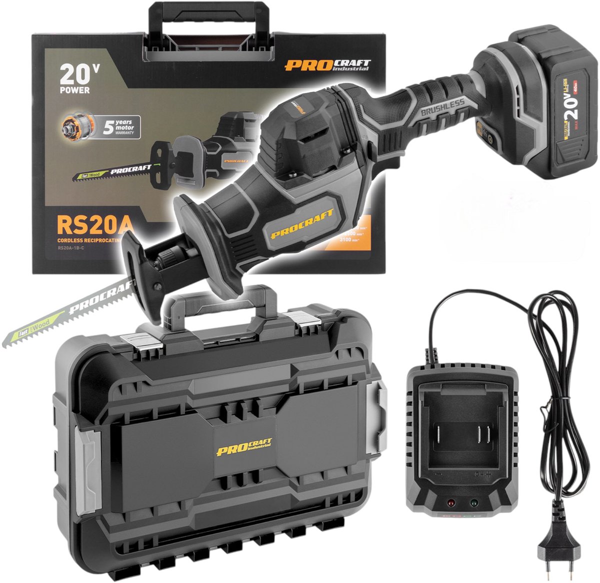 Procraft RS20A-1B-C accu reciprozaag 20 V borstelloos + 1x accu 4,0 Ah + oplader + koffer