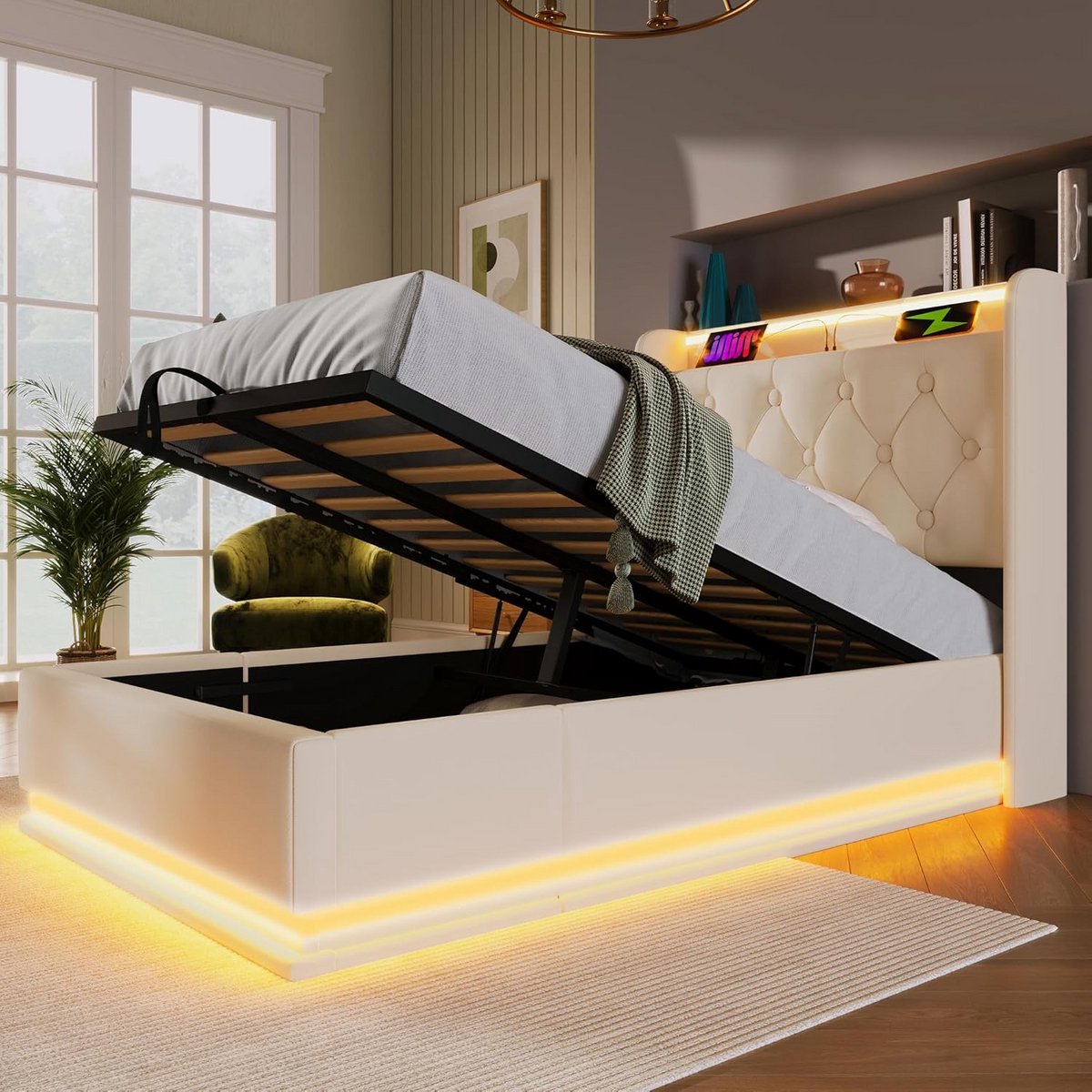 Eenpersoons Boxspring Bed met Opbergruimte en Lattenbodem, 90x200 cm, Wit PU Bekleding