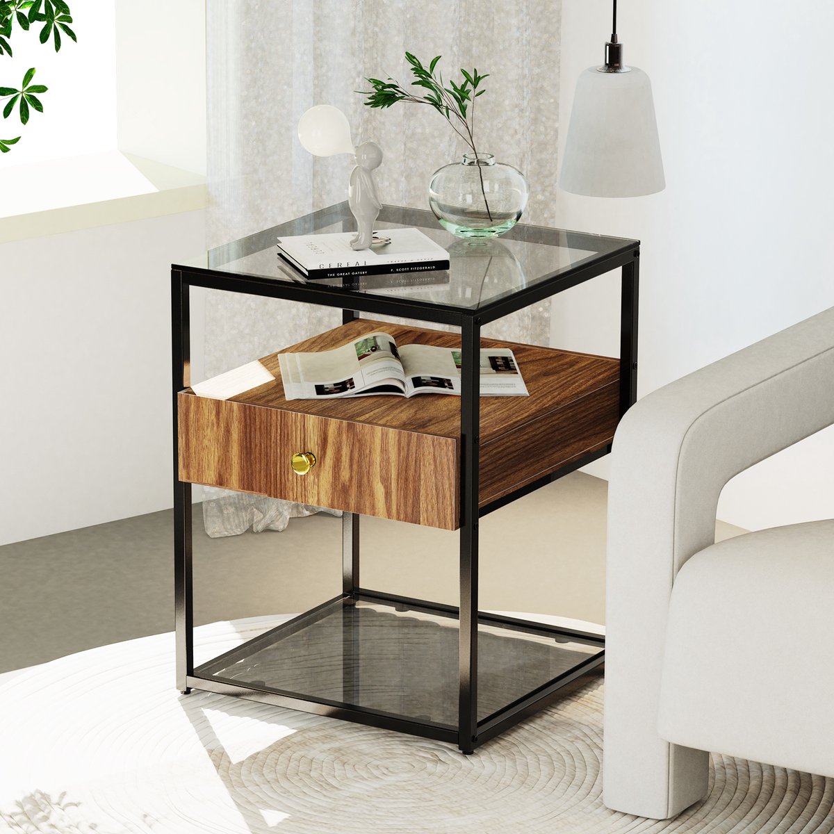 Artloge Nachtkastje - Nachttafel met 3 Lade - Gehard Glas - metalen frame - Bedside Table - 43x43x54cm