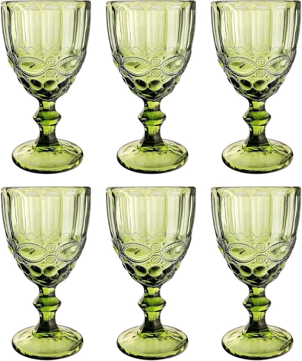 Set van 6 Gekleurde Wijnglazen met Embossing - Vintage Drinkglazen 250 ml
