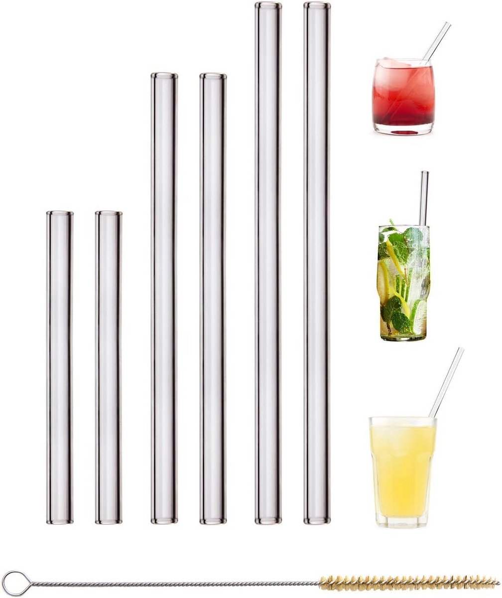 Set van 6 Glazen Rietjes in 3 Maten (15, 20, 23 cm) Inclusief Schoonmaakborstel