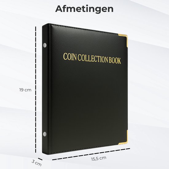 Zwart "Coin Collection Book" album met afmetingen: 19 cm hoog, 15,5 cm breed, 3 cm diep.