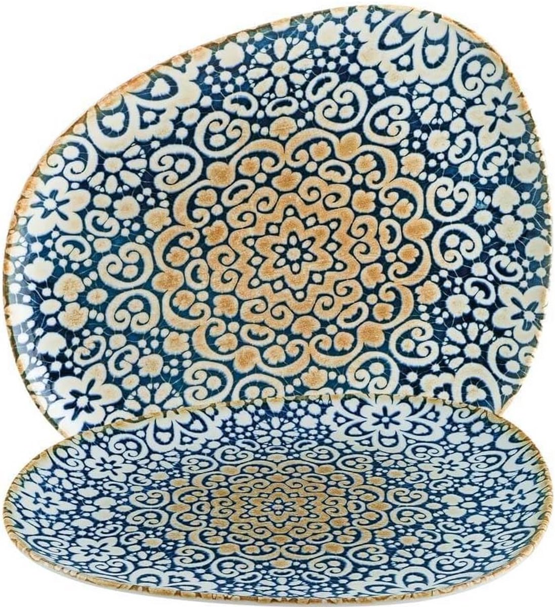 Set van 6 Platte Borden (Dienborden) 33 cm - Premium Porselein - Blauw & Beige