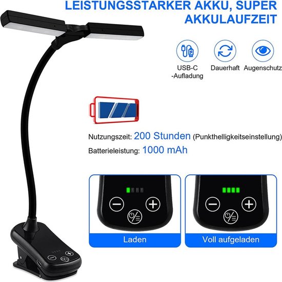Leeslamp met boekenklem, USB-oplaadbare cliplamp, nachtleeslamp van Merkloos — afbeelding 2