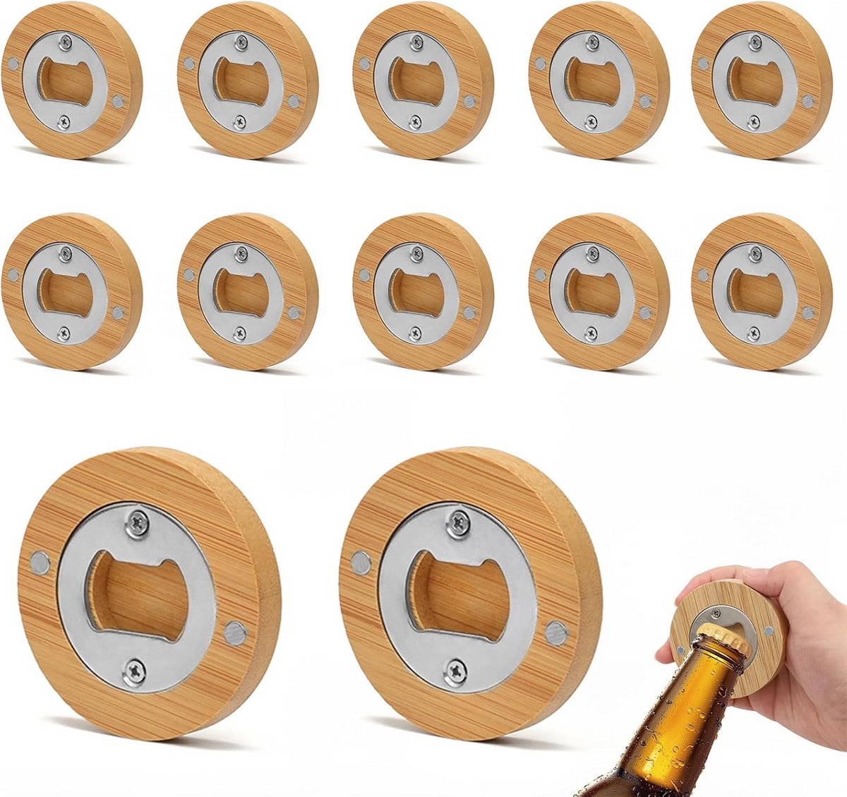 12x Houten Bieropener met Magneet - RVS XXL Set - Keuken & Feestbenodigdheden