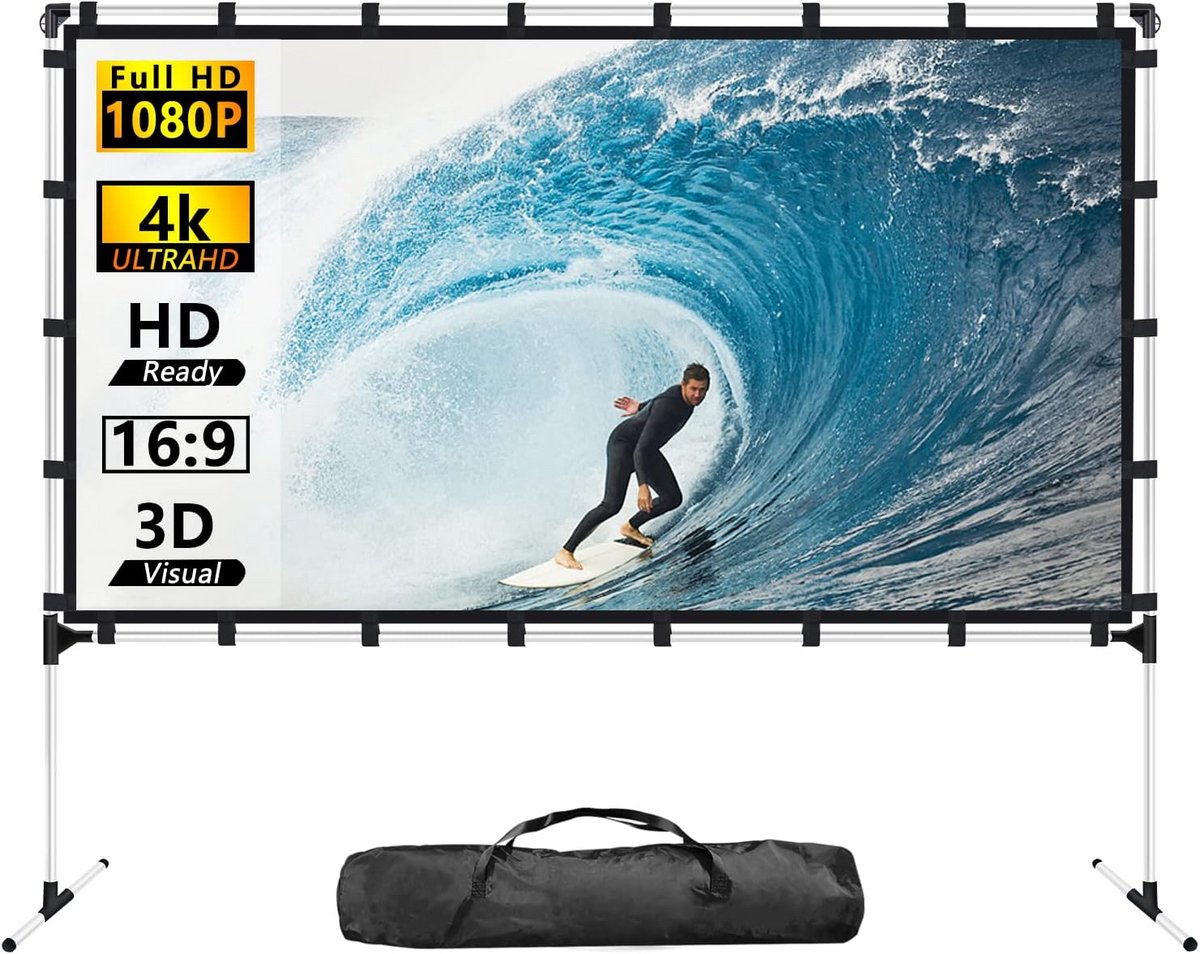 100 Inch Draagbaar Projectiescherm met Standaard - Opvouwbaar 16:9 HD 4K Filmscherm voor Binnen en Buiten