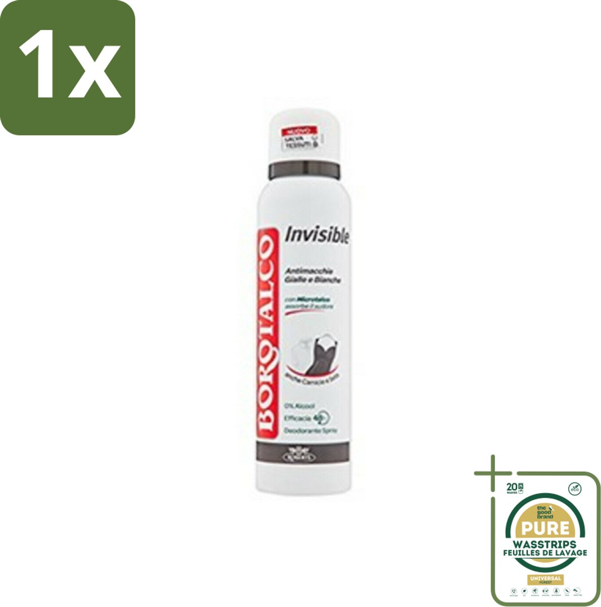 1 x Borotalco Deospray Invisible 150 ml- Deodorant Spray - Anti-vlekken - Microtalk - Zweet Absorberend - 0% Alcohol