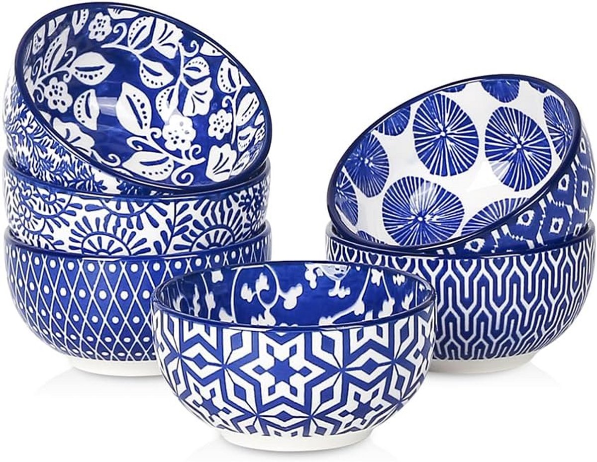 Set van 6 Kleine Keramische Dipkommetjes 100ml - Vintage Blauw