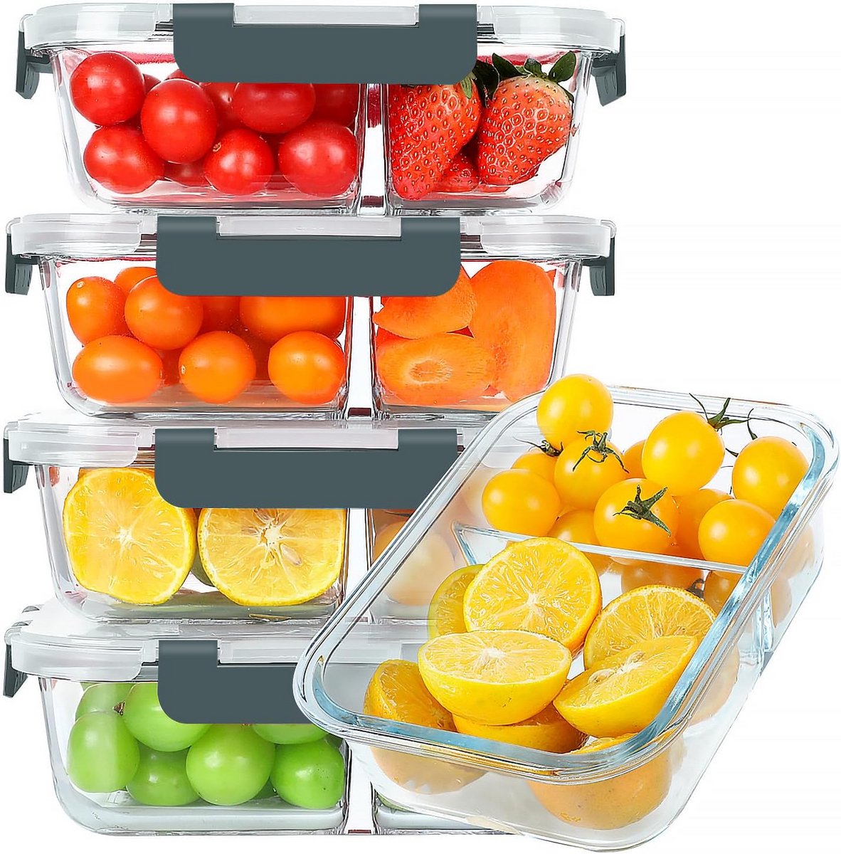 Glazen Maaltijd Prep Containers 5 Stuks met 2 Compartimenten - Luchtdicht