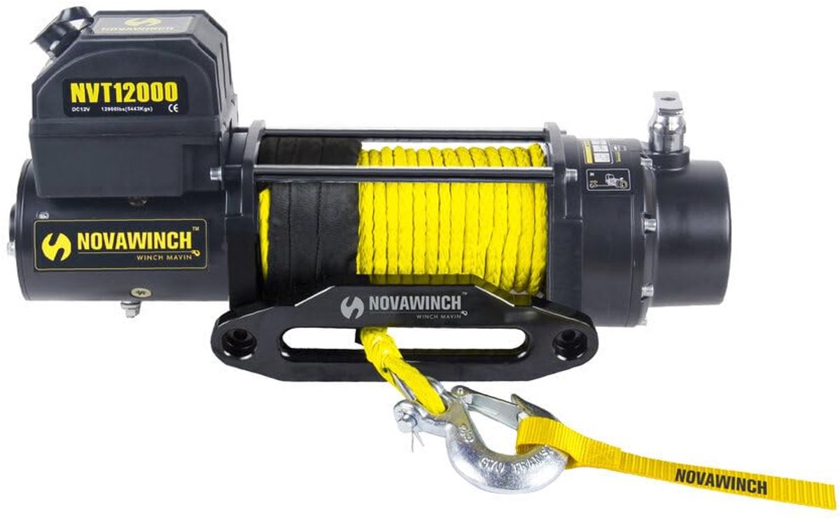 NovaWinch NVT12000SR - Elektrische lier 12V - 5443 kg trekkracht - Met 26 mtr. synthetische liertouw met lierhaak + veiligheidsklep- Incl. 4m kabelafstandsbediening. Accessoires op aanvraag leverbaar.
