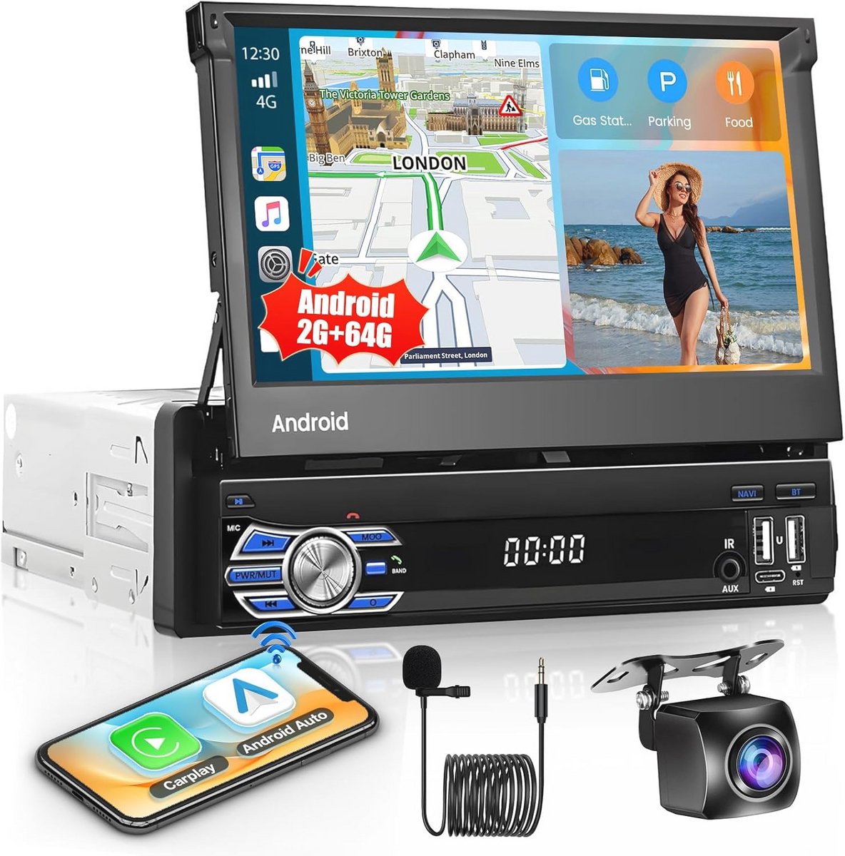 Android 13 Autoradio 2G+64G met 7 Inch Opvouwbaar Touchscreen, Wireless Carplay, Android Auto, Bluetooth, FM Radio, USB, AUX, SWC, MIC en Achteruitrijcamera