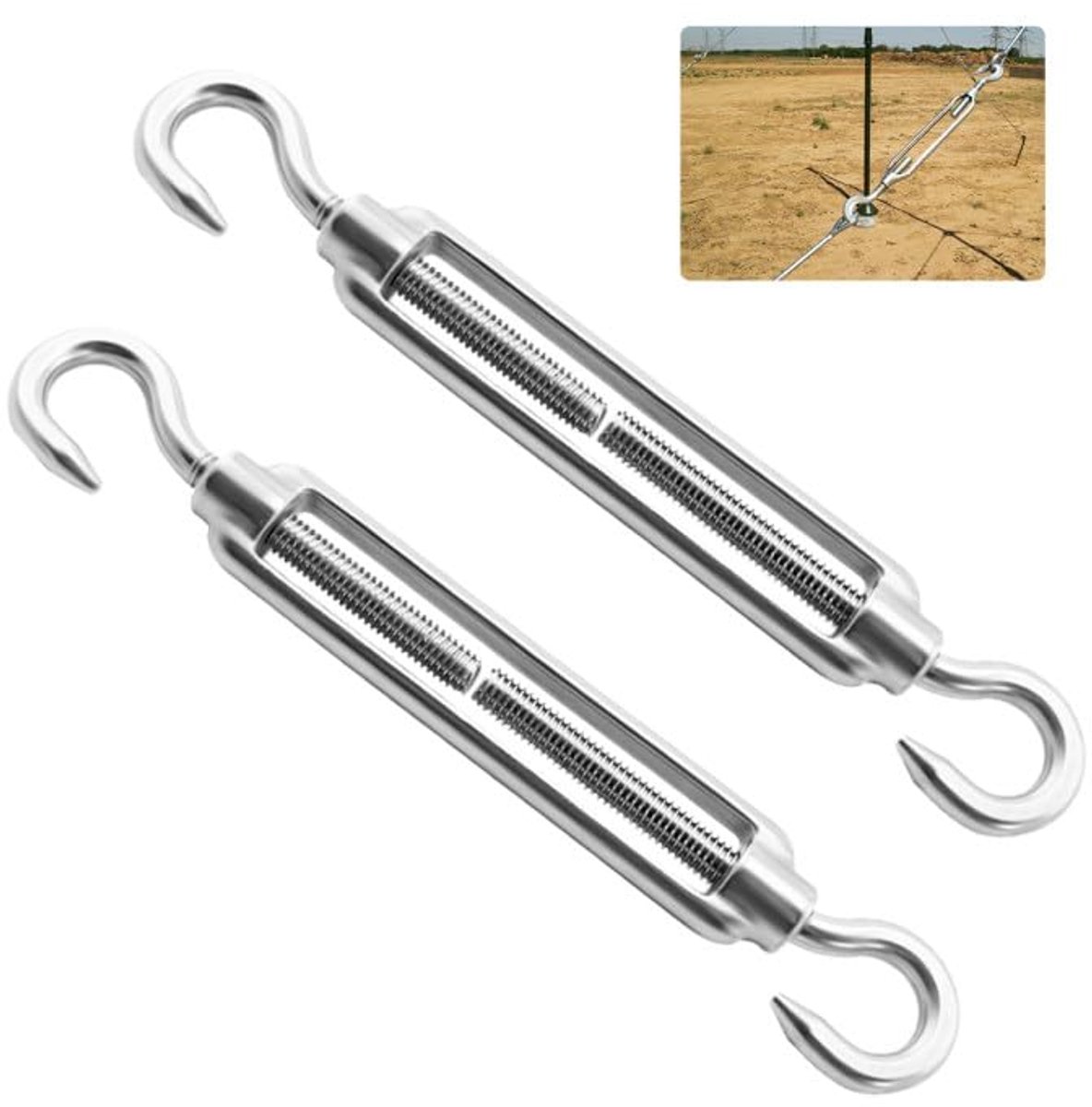 2pcs Turnbuckles RVS - Turnbuckle met 2 Haken - Rope Tensioner RVS 304 - Verstelbare Haak Draad Tensioner - M6 Turnbuckles voor Zonneschermen - Spanning Draad - Tuin Draad en Waslijn
