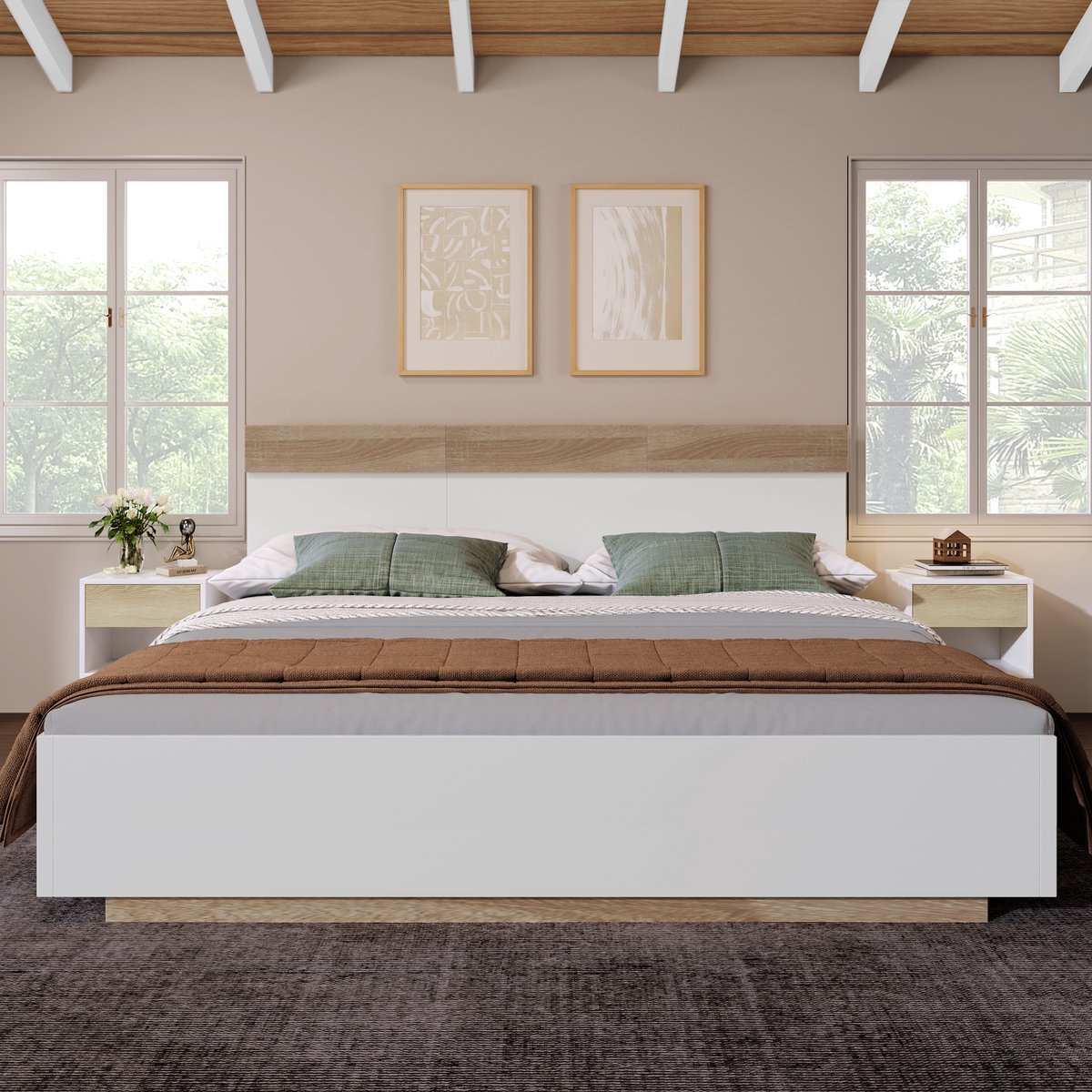 Merax Tweepersoonsbed - zwevend bed 180x200cm met hoofdeinde en lattenbodem - wit - zonder matras