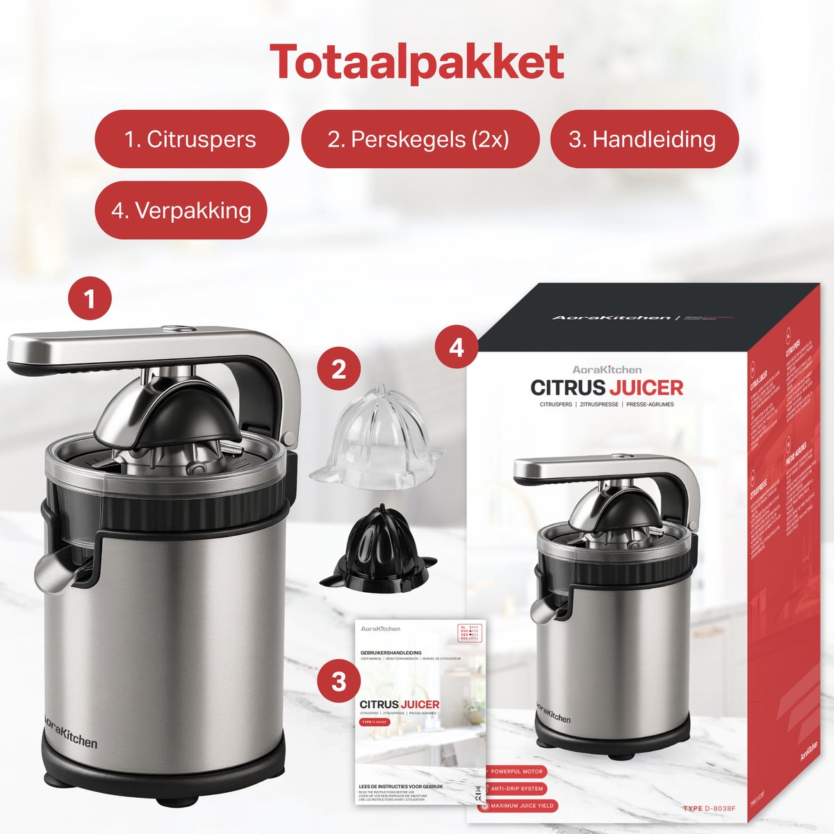 AoraKitchen Citruspers - Sinaasappelpers Elektrisch - 600ML - Citroenpers - 160W - Sapcentrifuge - 2 Perskegels thumbnail 8