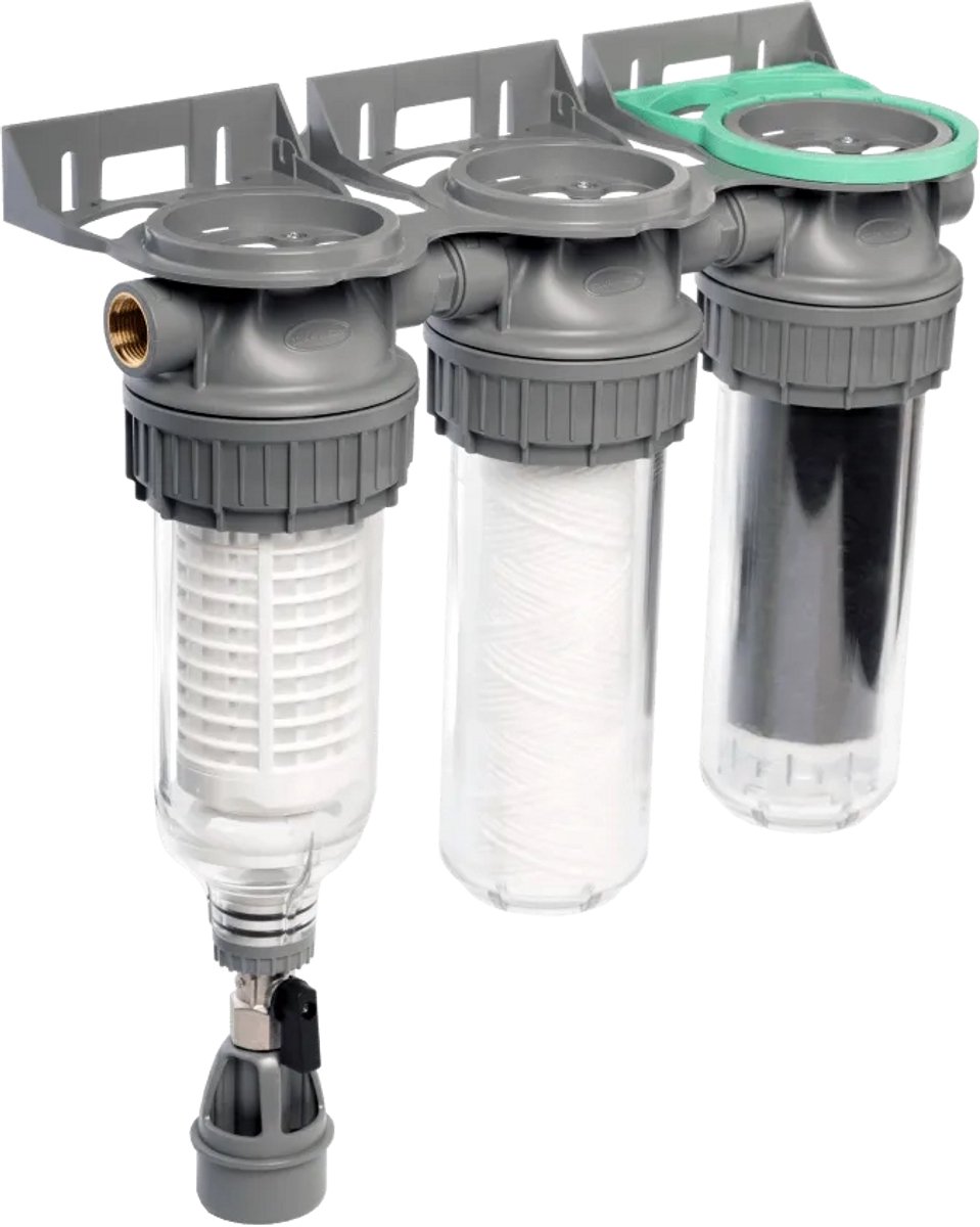 Ecosoft 3P Grijs triplex regenwaterfilter - 10" filters - automatisch terugspoelen - 3/4" aansluiting
