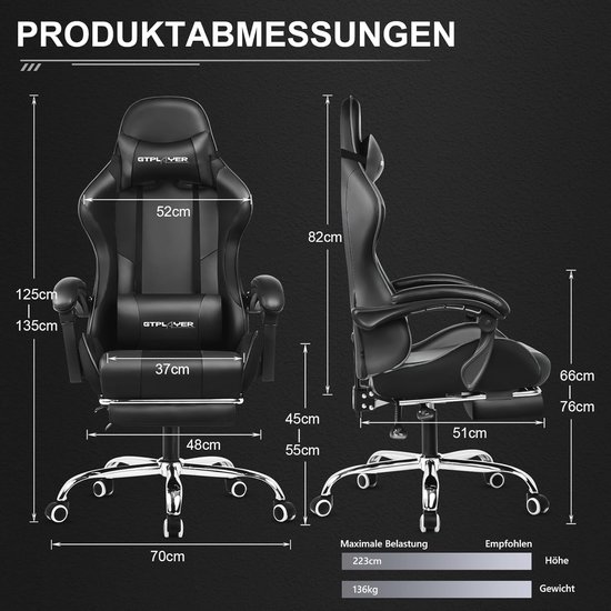 Ergonomische Gamingstoel met Voetensteun, Hoofdsteun en Lendenkussen - Zwart — afbeelding 5