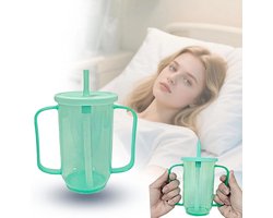 Beker voor bedlegerige patiënten - Kort rietje, lekvrij en verstikkingsbestendig met deksel - Beker voor vloeibaar voedsel in het ziekenhuis - Hulpmiddelen voor patiënten - Groen