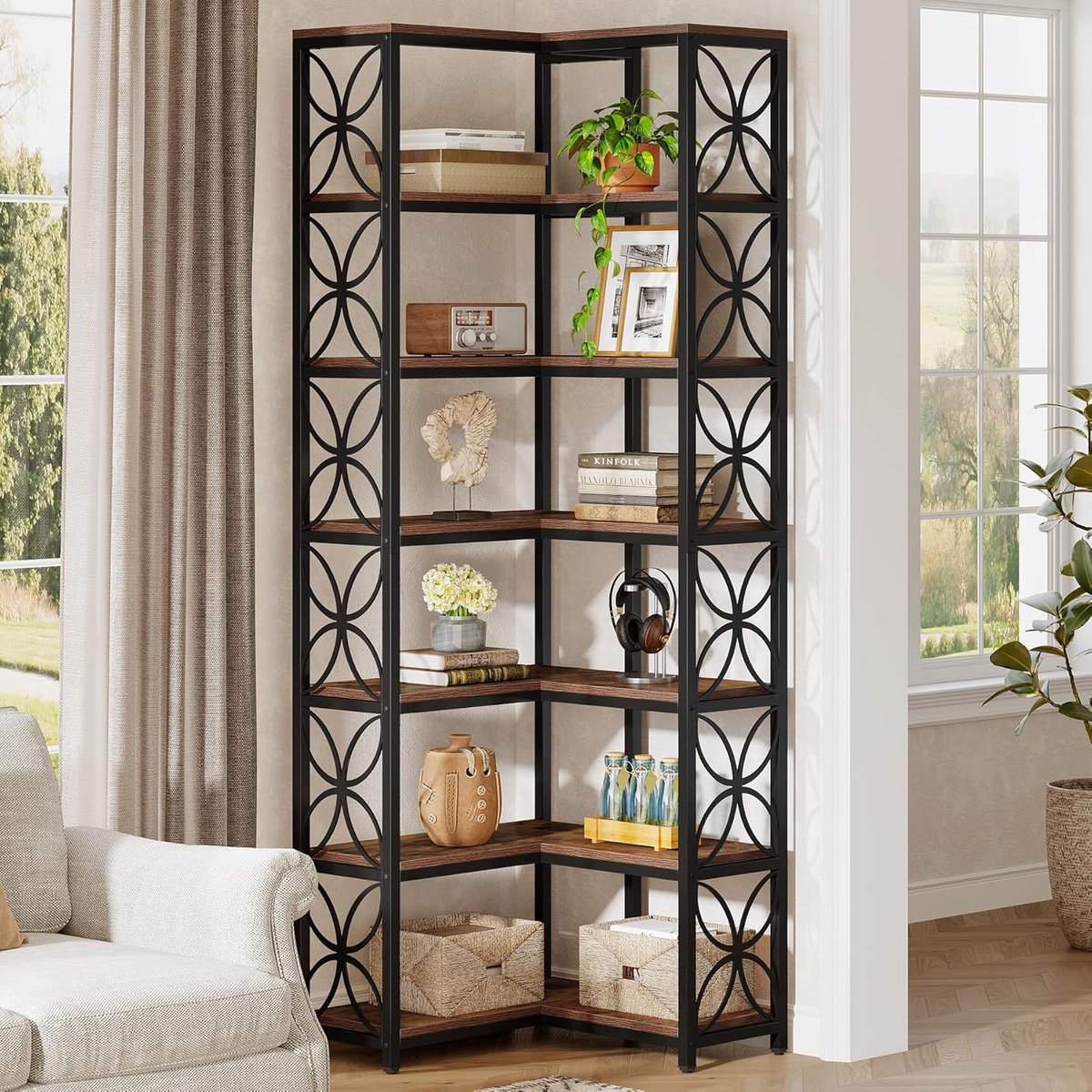 Tribesigns Boekenkast - Hoekboekenplank met 7 Planken - 60 x 60 x 200 cm - Boekenplank van Hout en Metaal- Modern Stroomlijn Het Ontwerp - Rustiek Bruin en Zwart