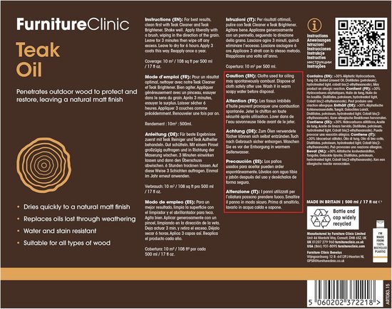 Teak Olie 500ml - Teak Hout Versterken & Beschermen - UV Bescherming - Teak Tuin Meubilair - Wood Teak Oil 500 ml