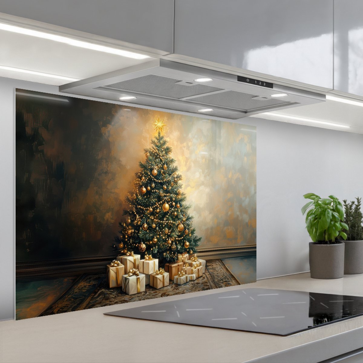 Spatscherm 90x60 cm - Zelfklevende achterwand Kerstboom - Cadeaus - Goud - Keuken muurbeschermer - Spatwand fornuis