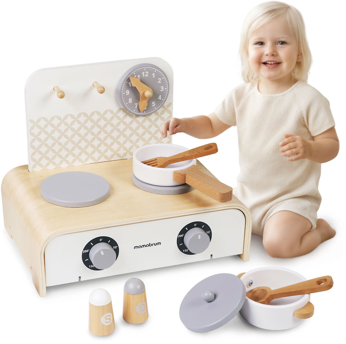 Mamabrum Montessori Houten Opvouwbare Mini Keuken – Educatieve Speelkeuken met Accessoires & Opbergvak – Houten Speelgoedkeuken 3+