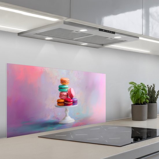 Spatscherm 90x45 cm - Zelfklevende achterwand Macarons - Schaal - Pastel - Kleurrijk - Keuken muurbeschermer - Spatwand fornuis