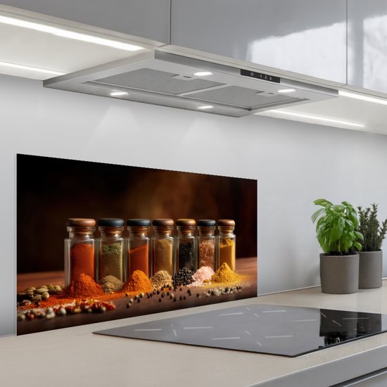 Spatscherm 80x40 cm - Zelfklevende achterwand Potjes - Kruiden - Specerijen - Korrels - Keuken muurbeschermer - Spatwand fornuis