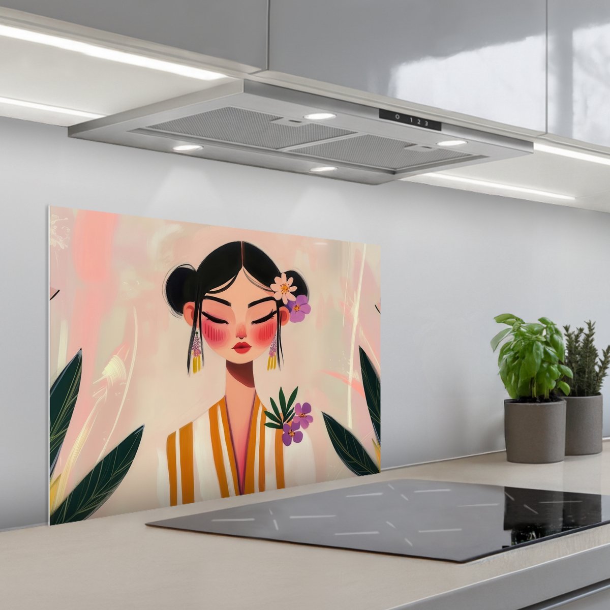 Spatscherm 70x55 cm - Zelfklevende achterwand Vrouw - Bloemen - Pastel - Keuken muurbeschermer - Spatwand fornuis