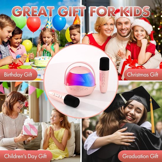 Mini karaokemachine als cadeau Geschikt voor kinderen en volwassenen, draagbare karaokeluidspreker met 2 draadloze microfoons, kindermicrofoon met luidspreker en led-lampje, verjaardagscadeau Geschikt voor meisjes van 3 tot 12 jaar (roze) van Merkloos — afbeelding 5