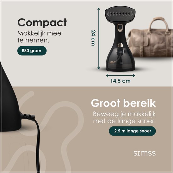 Simss® - Kledingstomer - Krachtige Handstomer voor Kleding en Meubilair - Stoomapparaat met 3 Opzetborstels - Snelle opwarmtijd - Inclusief Warmtebestendige Handschoen - 1500W - 300ml - Steamer - Elegant design - Mat - Zwart