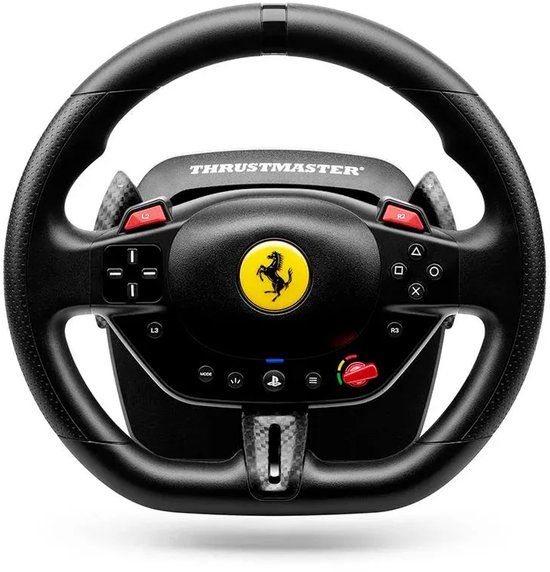 Zwart race stuur met Ferrari logo, grijze carbon-look paddels en rode knoppen. Tekst: THRUSTMASTER.