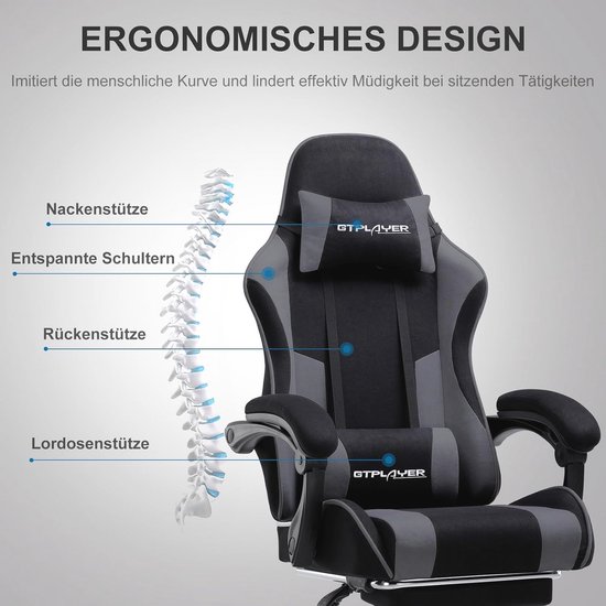 Ergonomische Gamingstoel met Massagefunctie en Voetensteun - Draaistoel in Grijs — afbeelding 4
