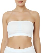 Close-up van een vrouw die een witte strapless BH draagt. De focus ligt op de BH en haar bovenlichaam.