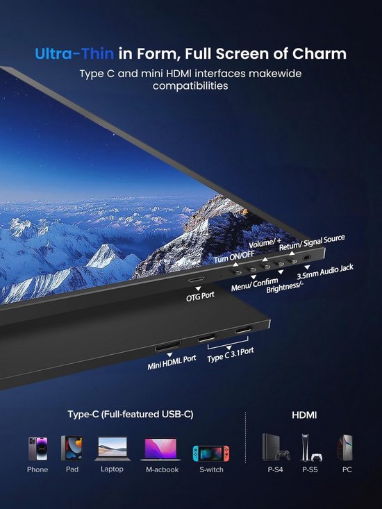 Draagbare Monitor 18.4 Inch 4K UHD IPS Scherm met USB C en Mini HDMI | bol