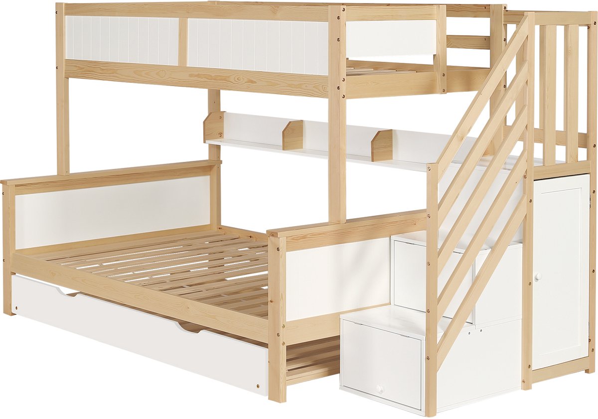 REDOM Stapelbed 90x200 & 120x200 cm – Wit/naturel – Met uittrekbed, opbergtreden & kledingkast