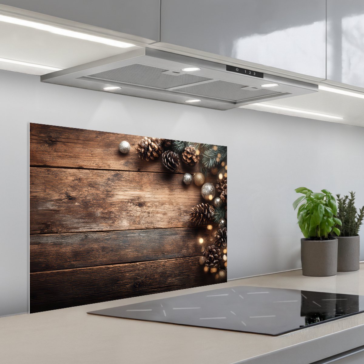 Spatscherm 70x55 cm - Zelfklevende achterwand Kersthoekdecoratie - Dennenappels - Lichtjes - Keuken muurbeschermer - Spatwand fornuis
