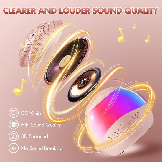 Mini karaokemachine als cadeau Geschikt voor kinderen en volwassenen, draagbare karaokeluidspreker met 2 draadloze microfoons, kindermicrofoon met luidspreker en led-lampje, verjaardagscadeau Geschikt voor meisjes van 3 tot 12 jaar (roze) van Merkloos — afbeelding 4
