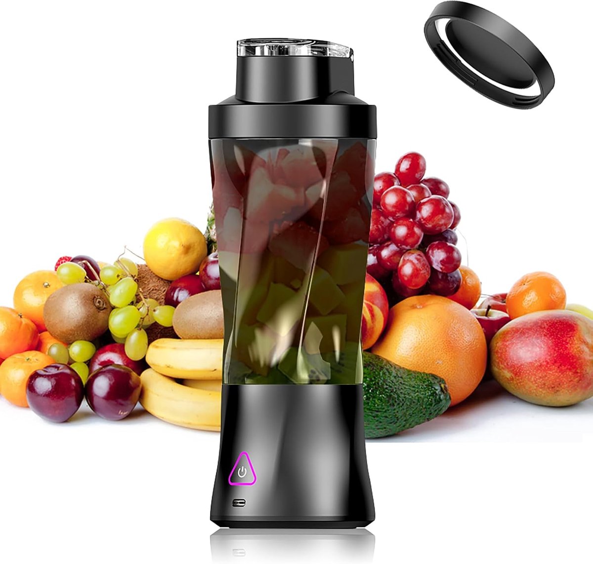 Smoothie Maker, draagbare mixer/blender 700 ml, krachtige mini-mixer to go, 6000 mAh batterij, draagbare blender versnippert ijs en fruit, lekvrij deksel, sapcentrifuge, BPA-vrij, zwart