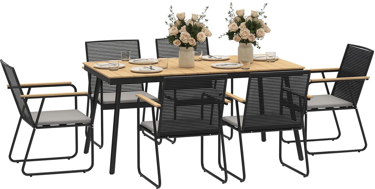 Outsunny Tuin Eetset Metaal, houtmateriaal 160L x 85B x 75H cm Natuurlijk hout