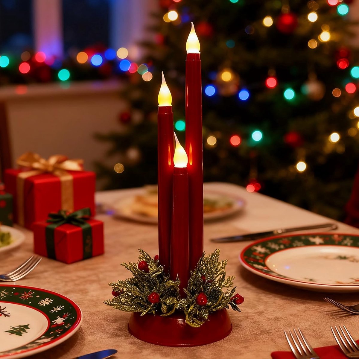 Daity 1 stuk - Vlamloze kegelkaars met voet - 12-inch plastic batterijgevoede vlamloze kaars met 3D-lont - LED-kaarsenhouder - geschikt voor bruiloften en kerstdecoraties