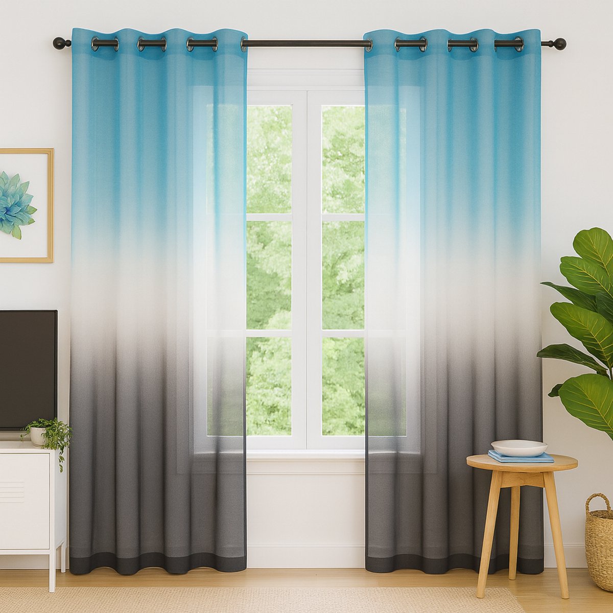 Glow Thuis – Kant-en-Klaar Vitrage Gordijn – Ombre Blauw/Zwart – Luchtig Voile – Doorschijnend & Sfeervol