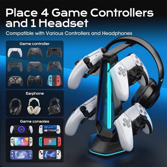 KDD Hoofdtelefoonstandaard Met Telefoonhouder – Afneembare Controllerhouder, 9 Lichtmodi, USB En Type-C Poorten, Draaibaar, Voor Gaming-accessoires Op Bureaublad