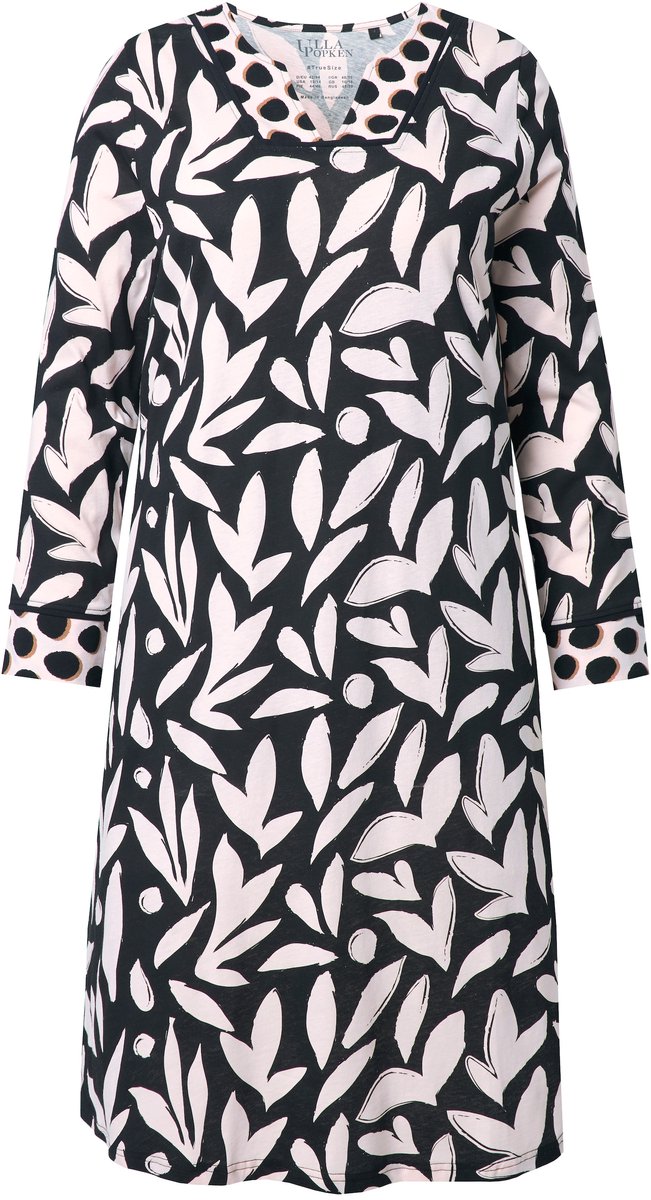 Ulla Popken Dames - Nachthemd bloemprint tuniekhals lange mouw - Zwart - Maat 42+